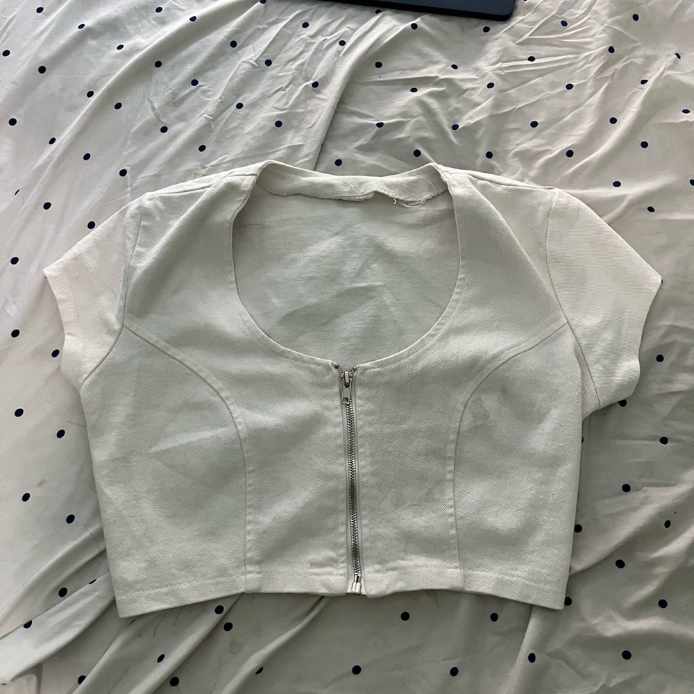 White Jean Zip-Up Crop Top